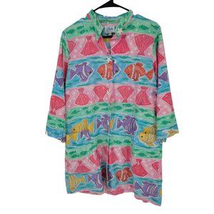 VTG Chiha Size Large Womens Top Novelty Fish Pockets Beach Tunic Shirt